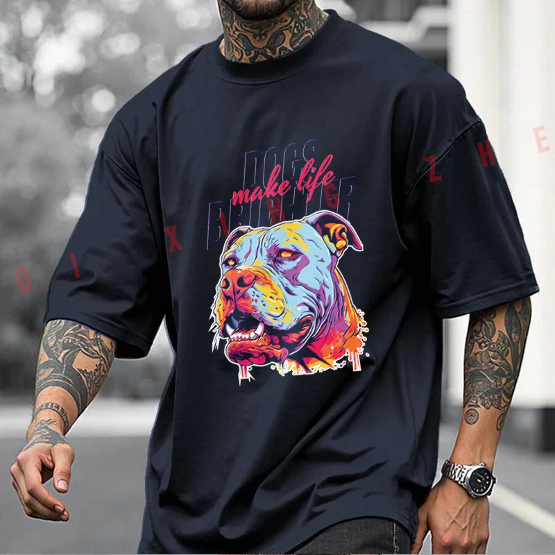 Aggressive Pitbull In Colorful Style Design Motorcycle T-shirt Men And Women Cotton Casual Tshirt Short-sleeve O-neck Tops