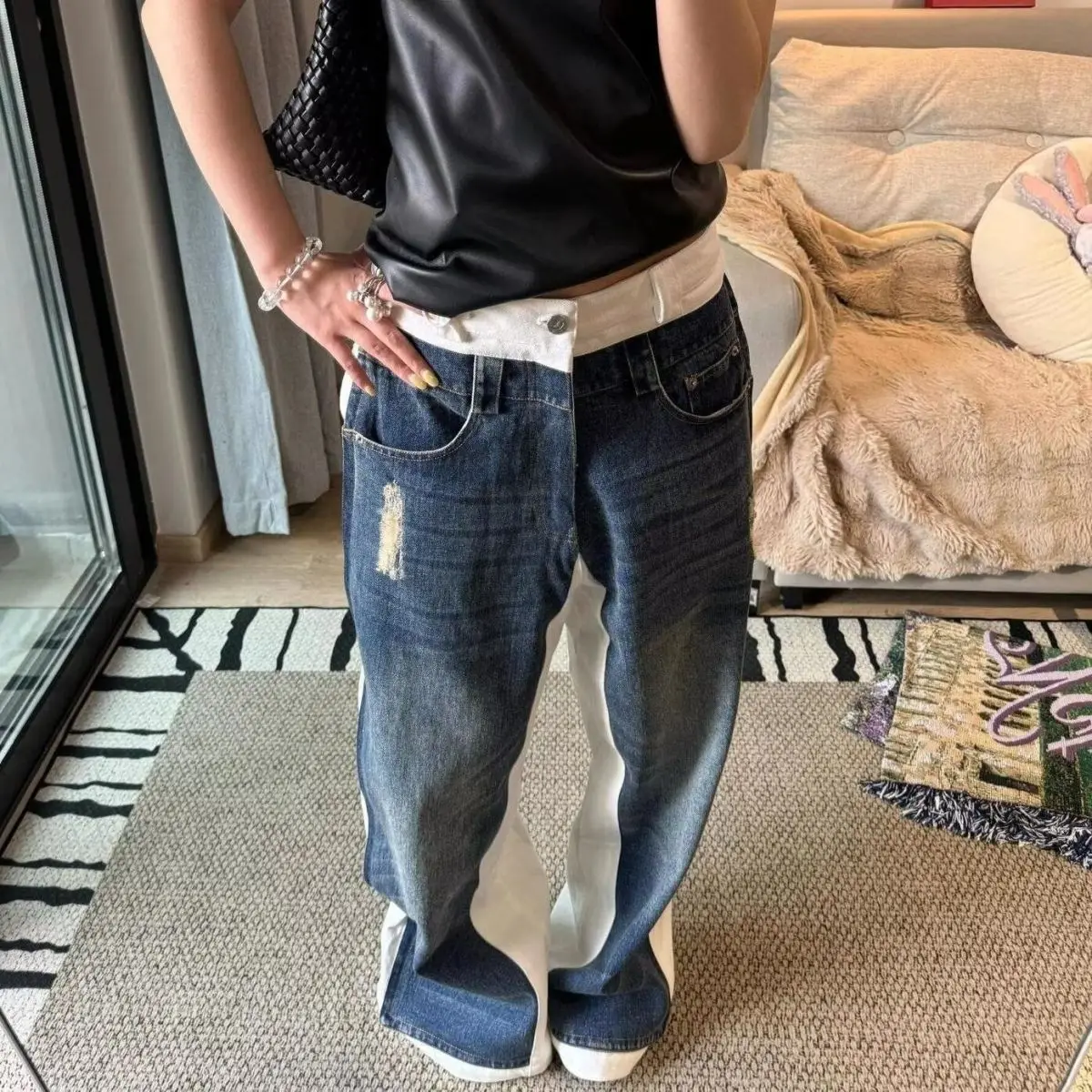 Black and Gray Ripped Jeans Women's Spring and Summer New High-waisted Slim-fitting Elastic Slightly Pulled Pants