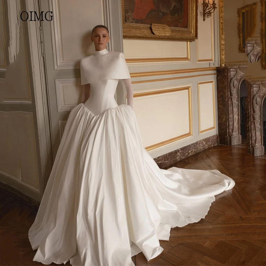 OIMG Modern High Neck A Line Wedding Dress Cap Full Sleeves Bride Dresses Floor Length Long Tail Wedding Gown 2026 Customized
