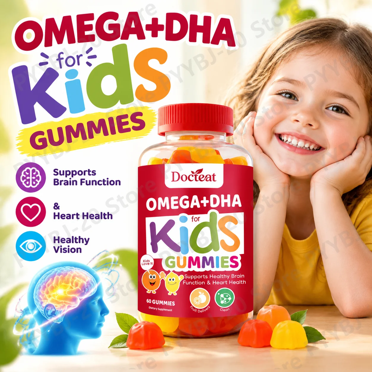 Docteat Omega+DHA for Kids Gummies with Chia Oil (Omega-3/6/9) and Vitamin C, Supports Immune & Antioxidant Function, 60 Gummies