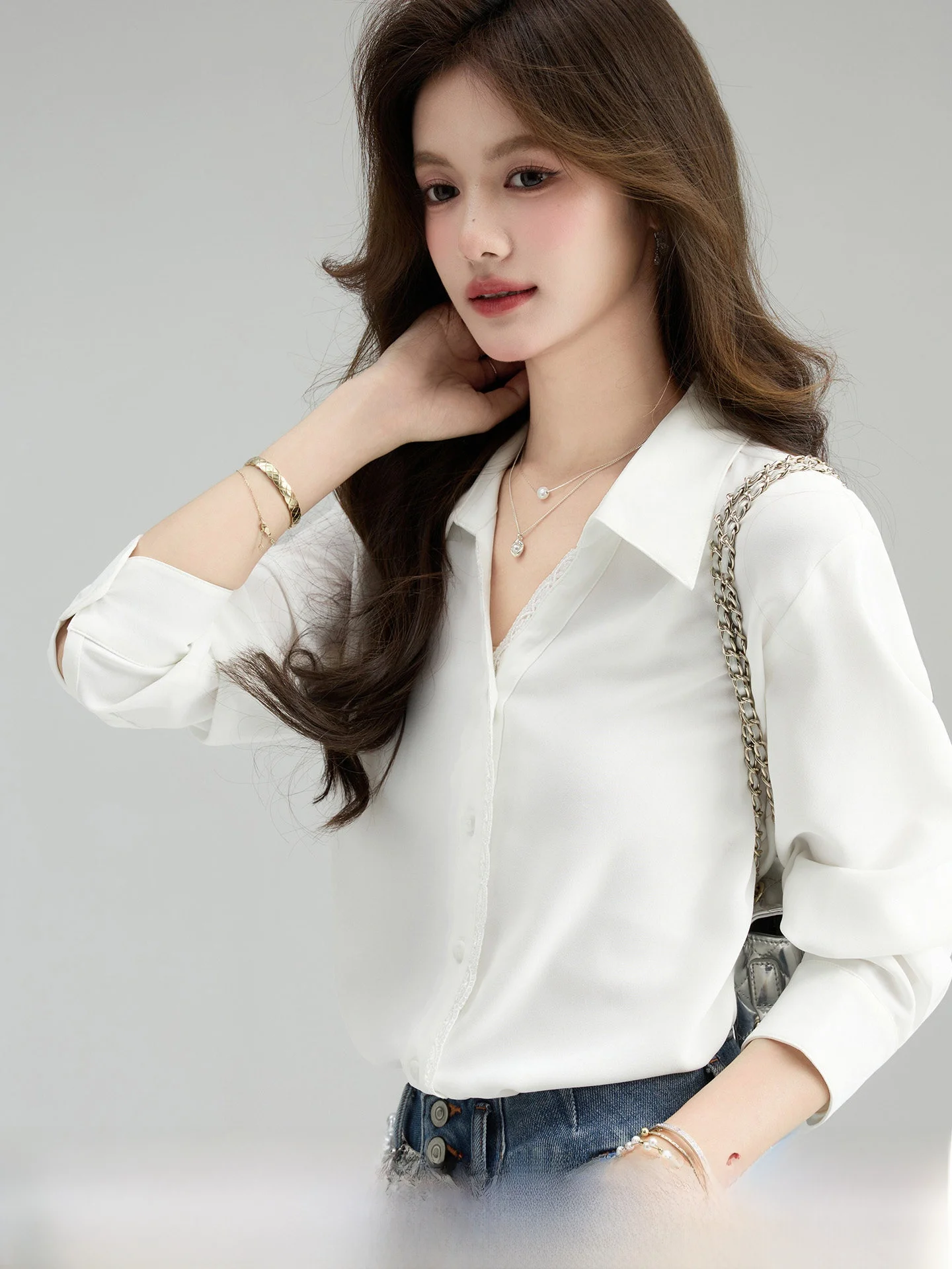 

Simple V-ne Lace irt Women's Commute Top Spring New Sle Breathable Polyester Fiber Long Sve French Sle irt