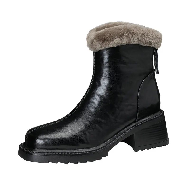 2025 nuevas botas de nieve de lana de moda para mujer, botas Chelsea cálidas con punta cuadrada de cuero, zapatos de plataforma al tobillo