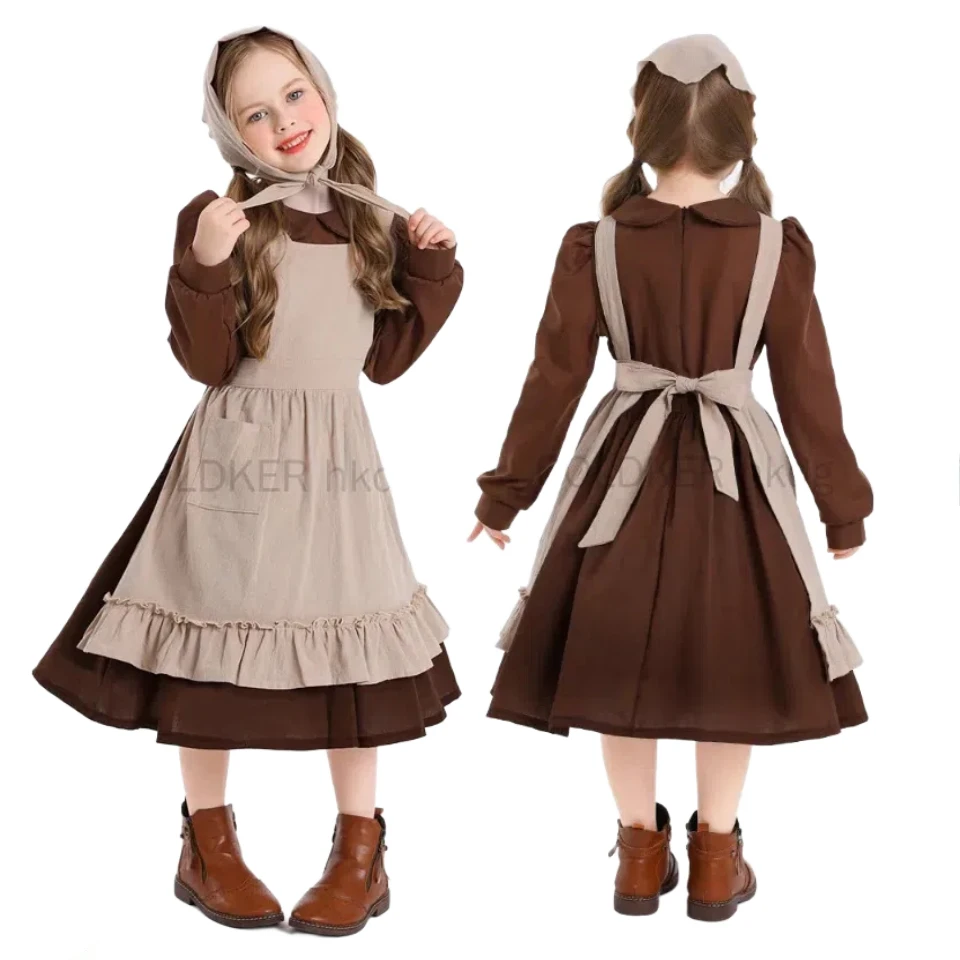 

Halloween Costume for Girls Historical American Colonial Costume for Kids Child 4-14Y Brown Victorian Medieval Dress