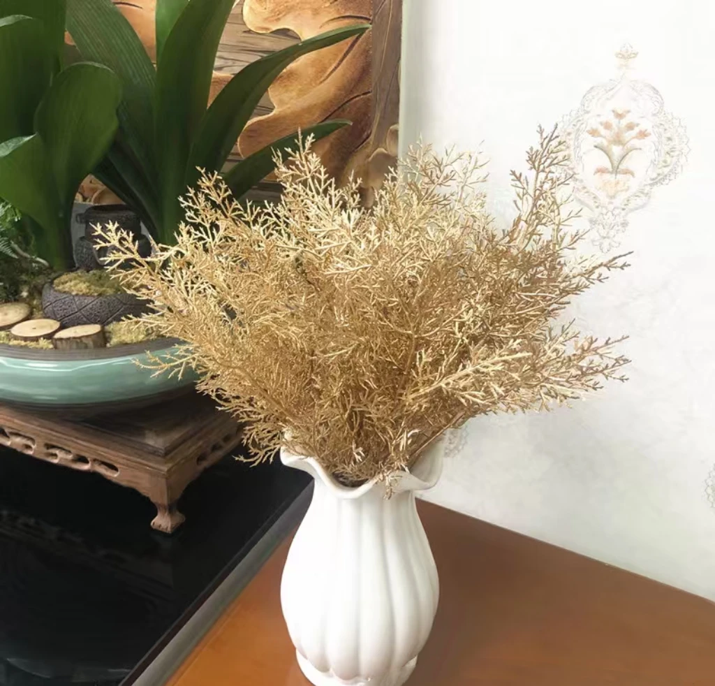 زهرة اصطناعية ذهبية فضية ورد صناعي يترك نباتات بلاستيكية لتقوم بها بنفسك باقة الزفاف الجدول ديكور المنزل صور الدعامة #2
