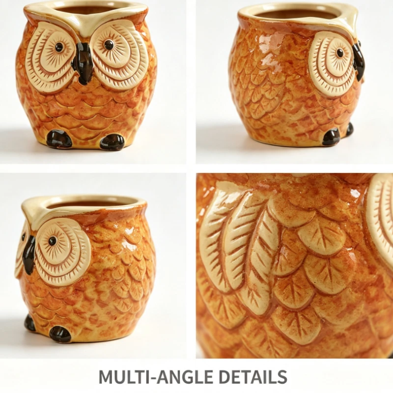 2pcs-Owl Shaped Ceramic Planter With Expressive Eyes For Indoor Small Plant  Display