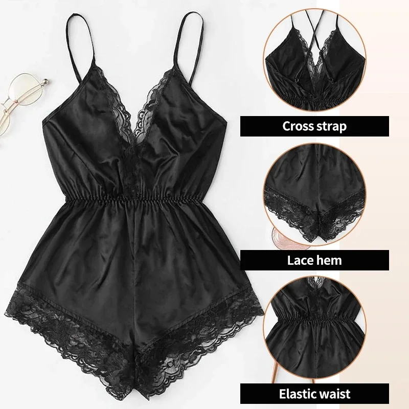 Summer Sexy Fashion Women Lace Splice Trim Backless Bow Shorts V-Neck Bodysuit Women Sleep Wear Set Lingerie One-piece Garment