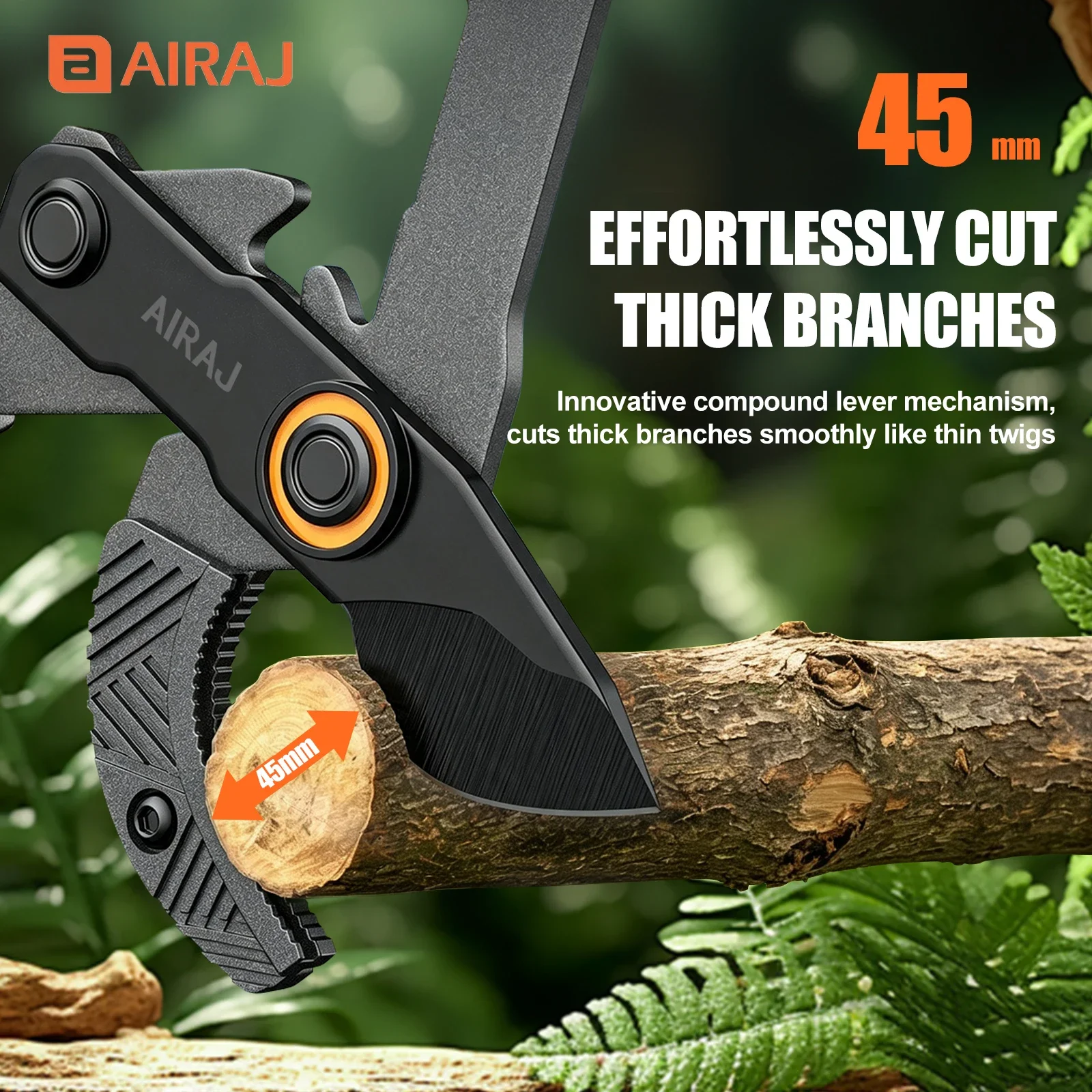 AIRAJ Telescopic Garden Loppers,SK5 Steel Teflon‑Coated Blade,45mm Max Cut Lever Tree Pruner, 5‑Level Adjustable Aluminum Handle