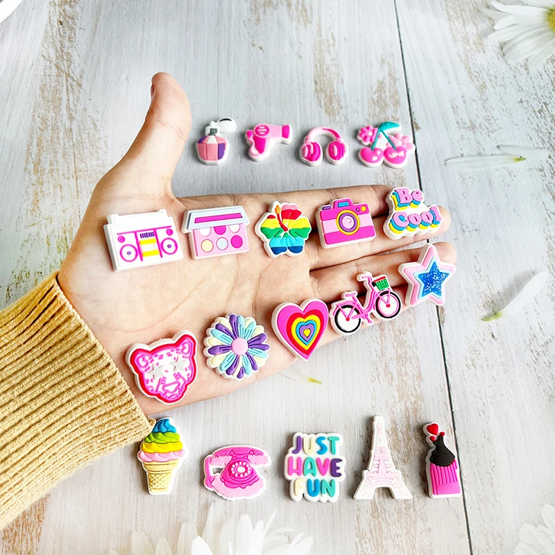 Cute Pink Bow Bicycle Rainbow Shoe Charms for Crocs Accessories Clogs Bubble Slides Shoe DIY Decoration Buckle Charms Party Gift