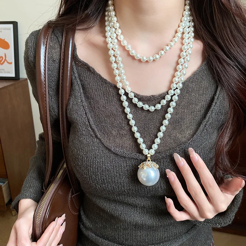 Statement Large Imitation Pearl Pendant Necklaces for Women Multi-layer  Long Stackable Necklace Daily Party Banquet Jewelry K1
