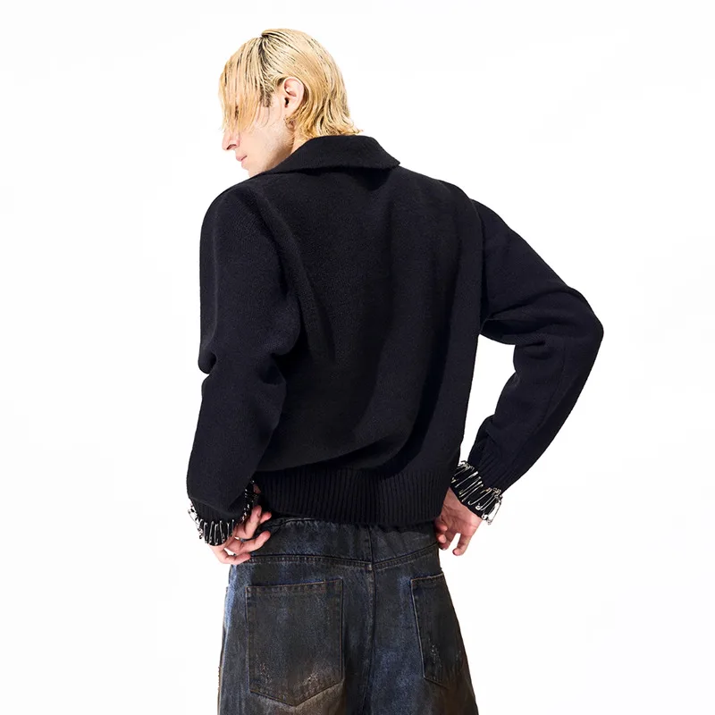 LUZHEN Tinta unita Risvolto Spilla in metallo Decorare Felpa a maniche lunghe da uomo 2025 Autunno Inverno Elegante Elegante Bello Top JY4889
