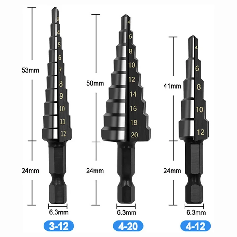 3Pcs HSS Straight Groove Step Drill Bit 3-12mm 4-12mm 4-20mm Nitride Black Hex Wood Metal Hole Cutter Core Drilling Tools Set