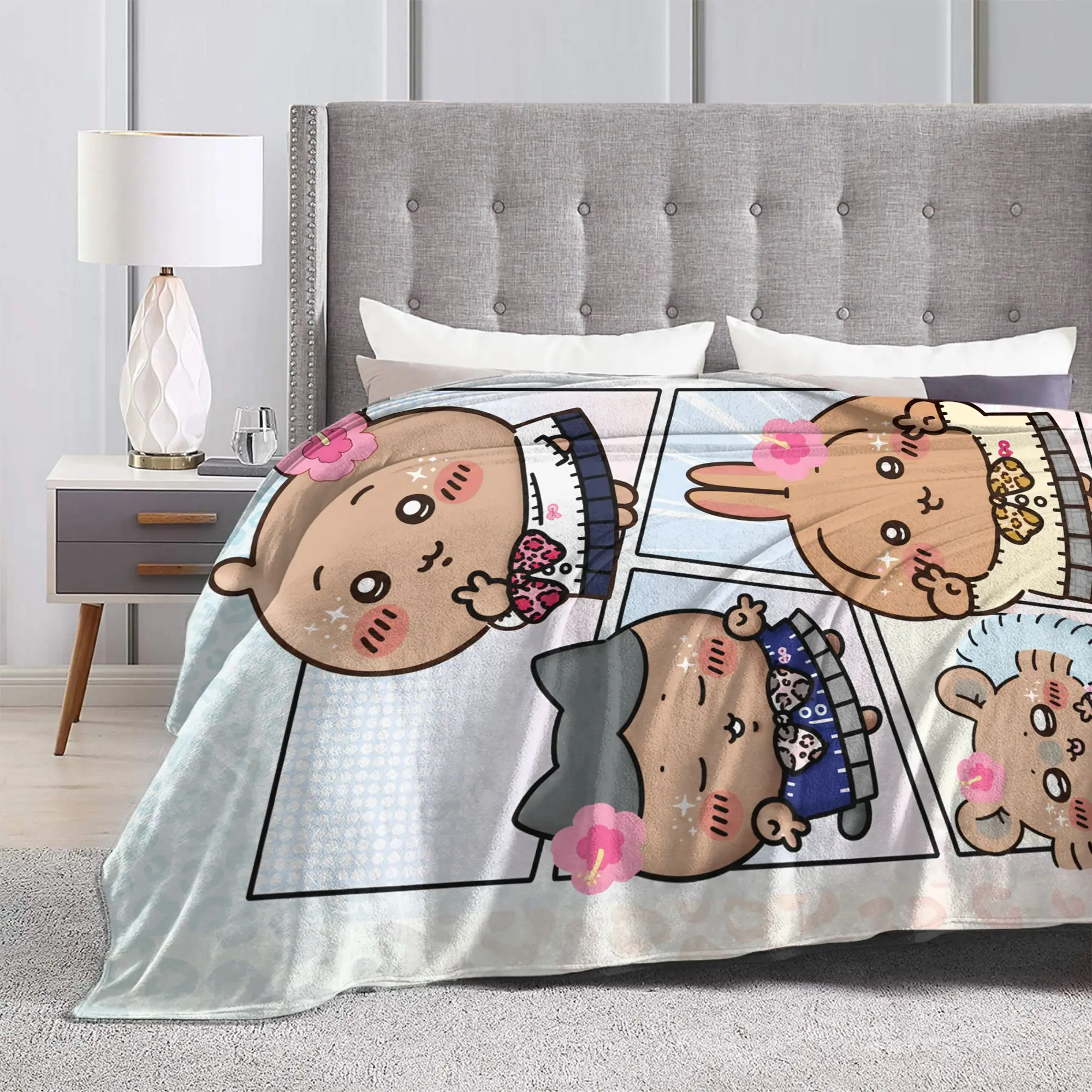 Kawaii Black Chiikawas Leopard Print Blanket Coral Fleece Plush Print  Portable Soft Throw Blanket for Sofa Bedroom Rug Piece
