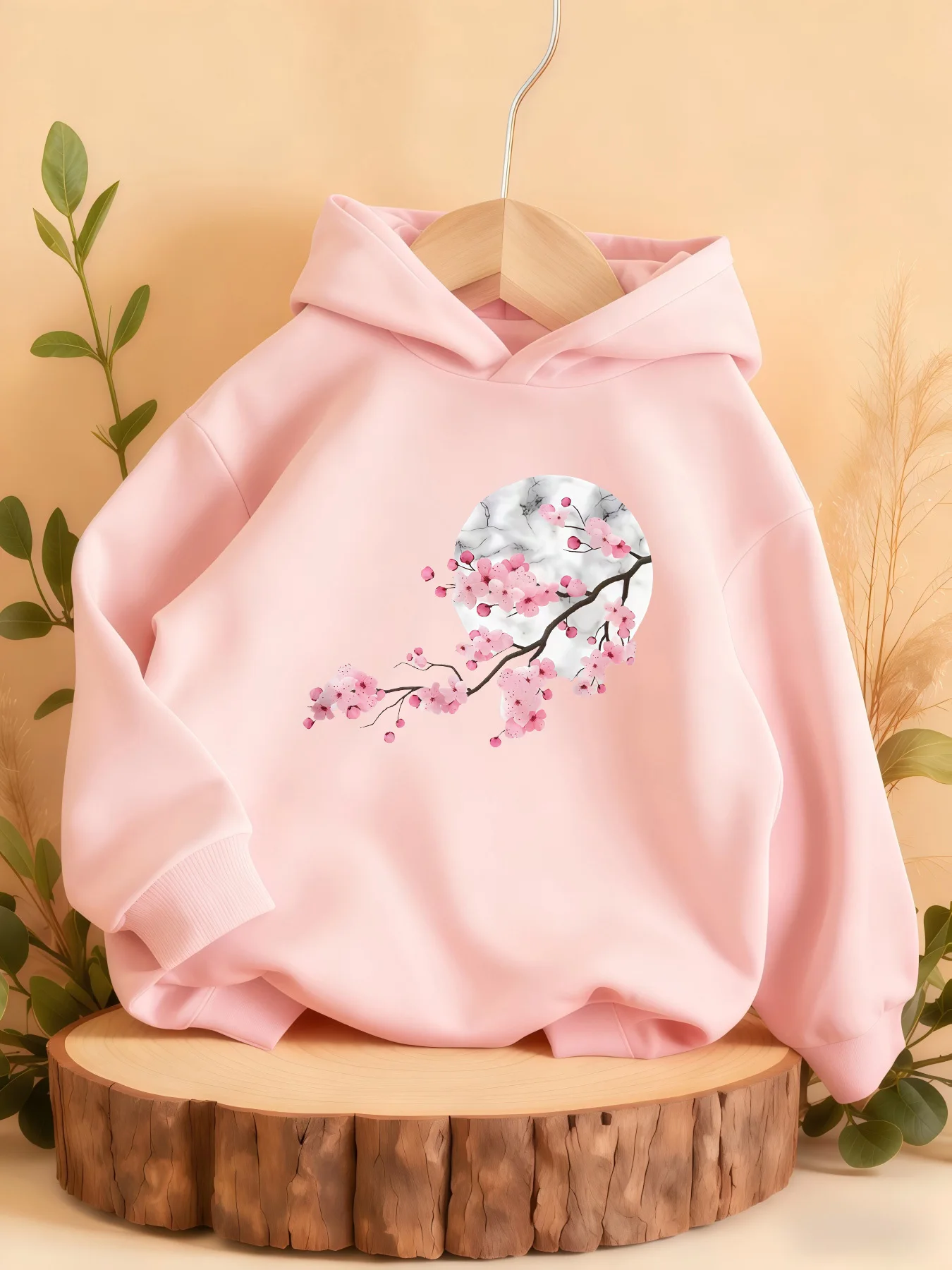 Cherry Blossom Branch Japanese Fresh Print Kids' Hooded Sweatshirt, Fall Winter Warm Casual Comfortable Athletic Fashion Teen
