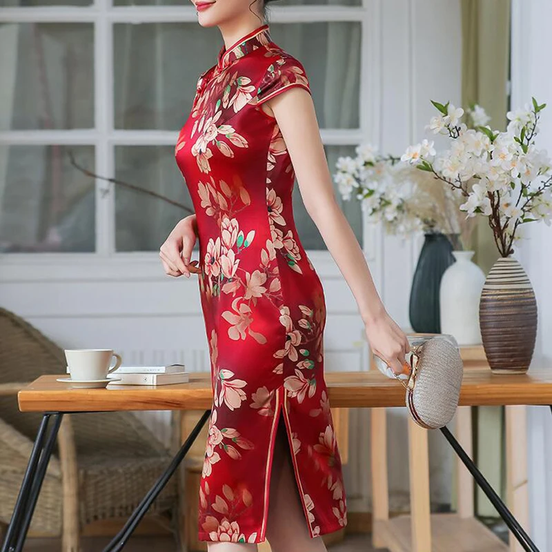 Red Chinese Traditional Qipao Dress Women Mandarin Collar Vestidos Retro Formal Party Gown Side Split Vintage Button Cheongsam