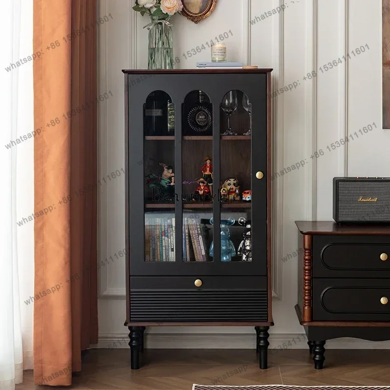 jj4 French Retro Solid Wood Glass Wine Cabinet Small Apartment Living Room Wall Display Cabinet
