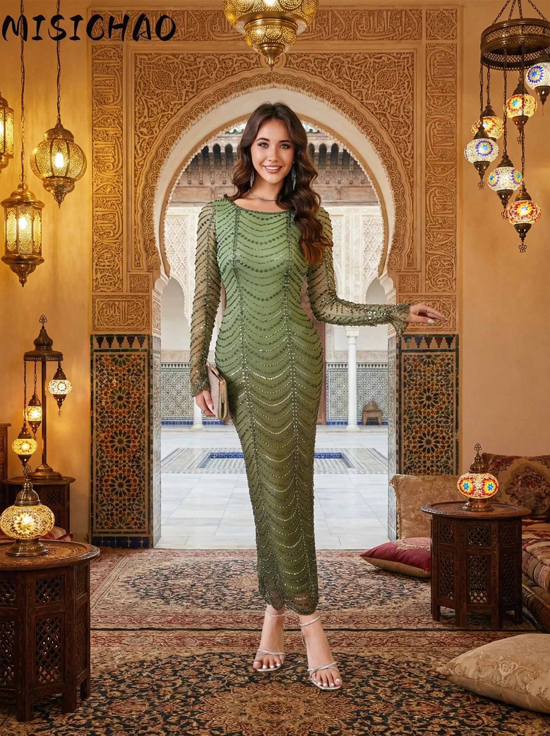 

MISICHAO Brocade Earth & Bright Blaze Green Sequined Dress Muslim Evening Gown Fire-Earth Auspicious Slim Long Sleeve Abaya