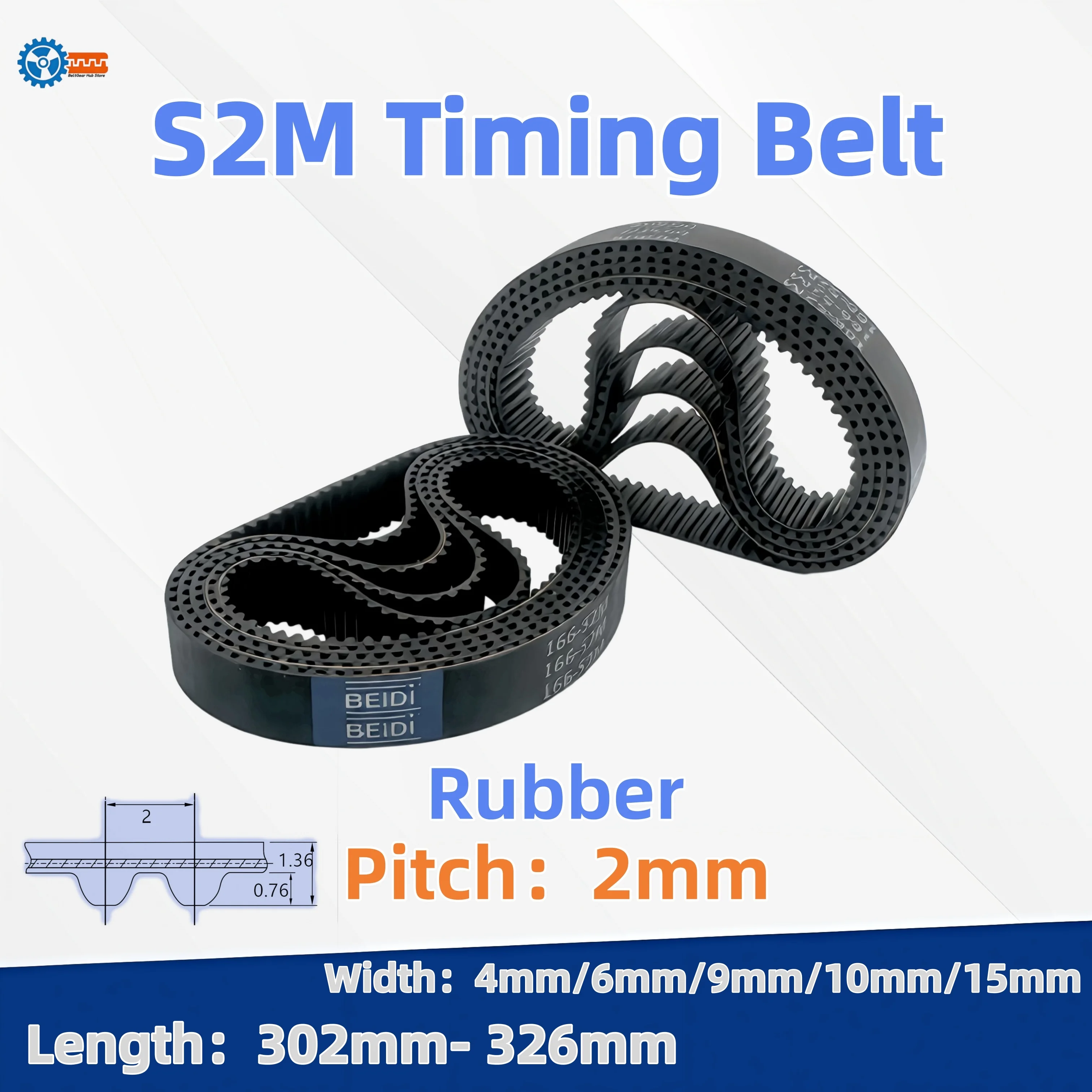 S2M Black Synchronous Belt Width 4/6/9/10/15mm Models S2M302~S2M326 Tooth Pitch 2mm Rubber Closed-loop Transmission Belt