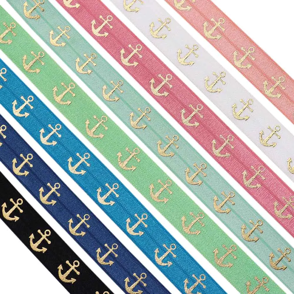 5/8'' 15mm Gold Foil Laser Hologram Silver Ship Anchor Printed FOE Fold Over Elastic Ribbon For Headbands DIY Sewing Accessories