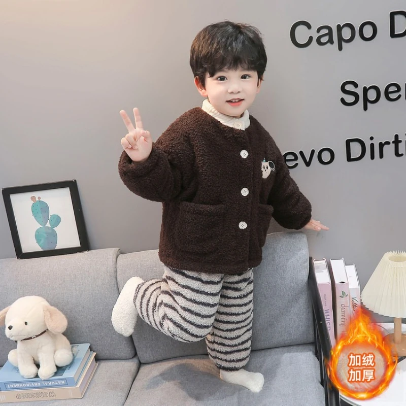 

Kids 3-Layer Quilted Pajama Set, Flannel Coral Fleece Loungewear for Boys & Girls Winter Sleepwear