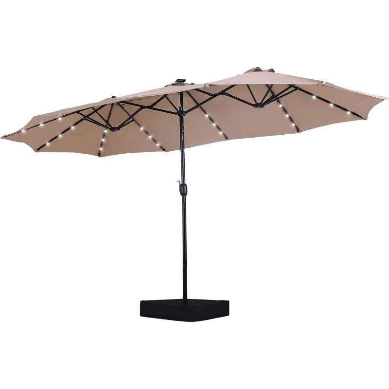 15ft Double Sided Patio Umbrella with Solar Lights, Outdoor Large Rectangular Market Umbrellas with Base Included