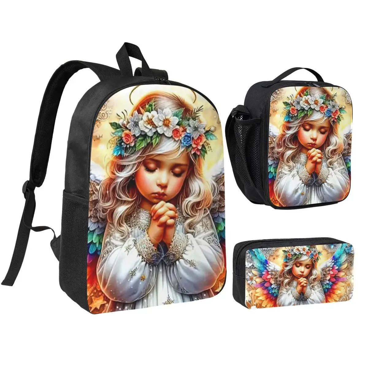 Lovely Angel Wishing Pattern Backpack Student BookBag School Bag Shoulder Bags 3ps Insulated Lunch Bag Pencil Case
