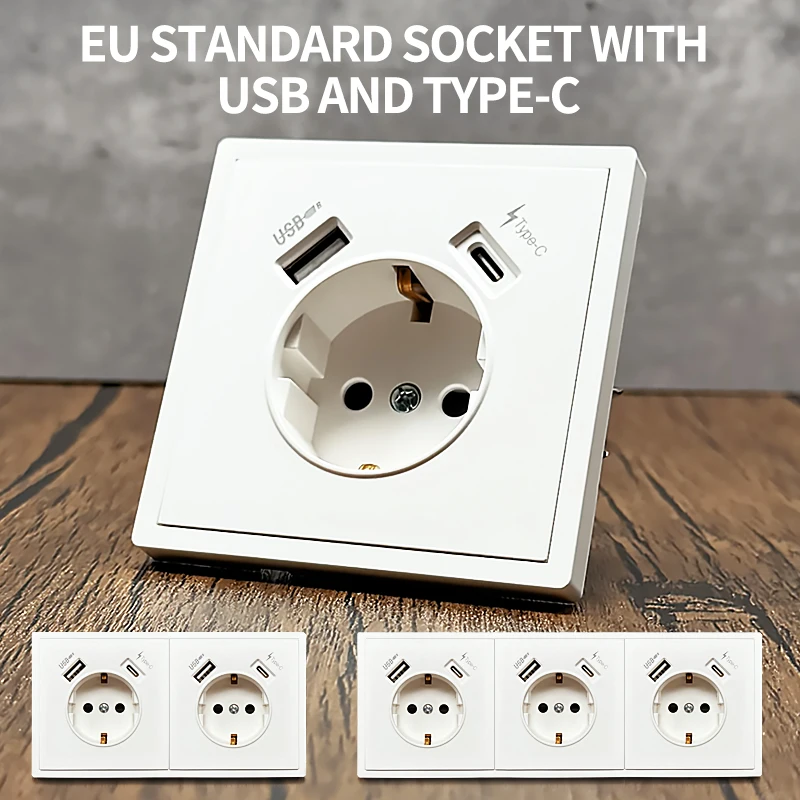 

Розетка европейского стандарта, настенная розетка Schuko, зарядные порты USB Type-C, 16 А, 250 В - 80 × 80 мм, большая плата для ПК, современная настенная розетка
