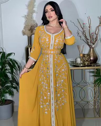 Elegant Eid Muslim Evening Party Jalabiya Marocain Dress Ramadan Arabic Yellow Embroidery Abaya Islamic Turkish Moroccan Kaftan