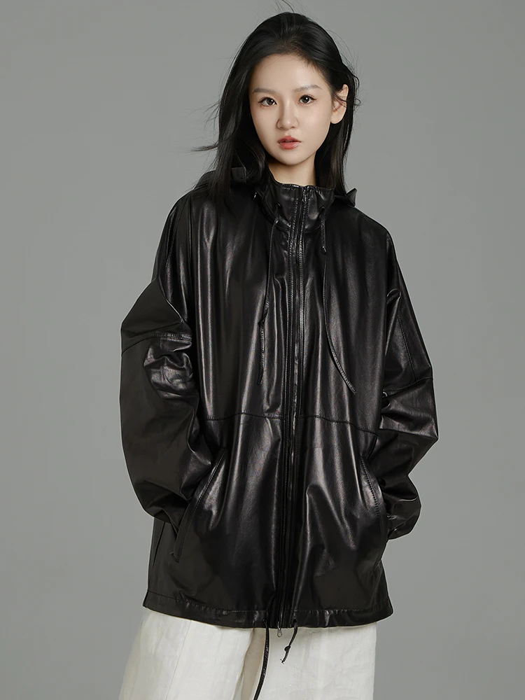 Casual Schwarz Echtes Leder Windjacke für Frauen Frühling Herbst High-end-Einfache Stehkragen Mit Kapuze Echt Schaffell Mantel