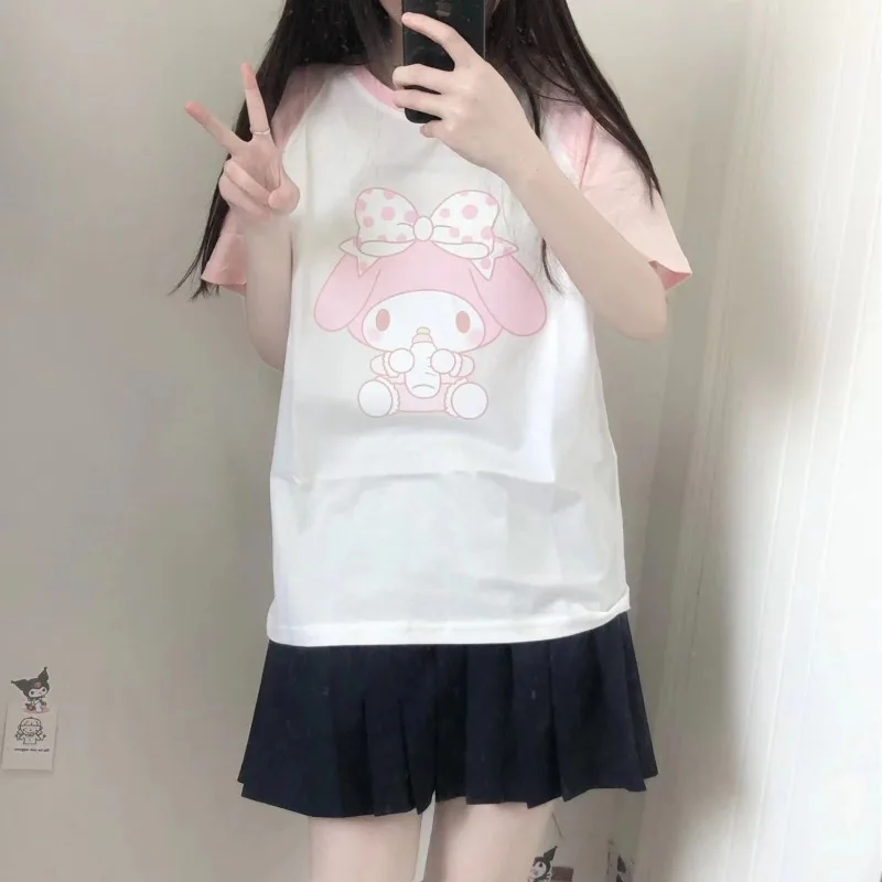 Sanrio Japanese Cute Kawaii Short Sleeved T-shirt My Melody Print Student Mixed Color Soft Girl Y2k Top 2000s Girl Preppy Style