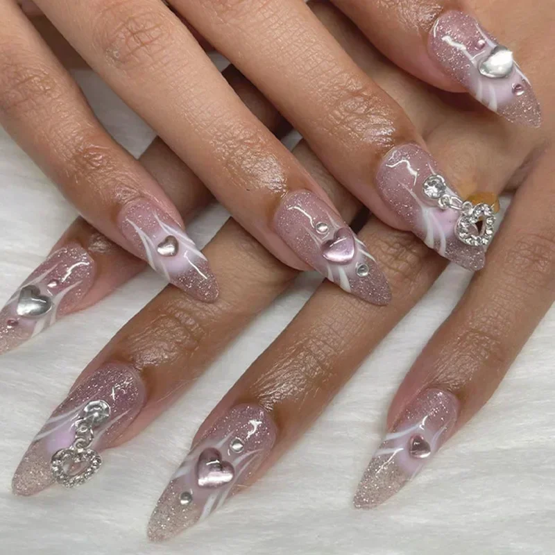 24pcs hot girls y2k designs fake nails press on stiletto almond false nails with 3d charms decorated detachable ballet long nail