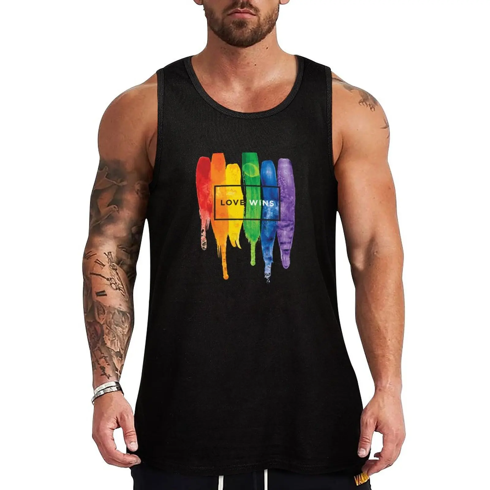 

Watercolor LGBT Love Wins Rainbow Paint Typographic Tank Top gym accessories men T-shirt for fitness