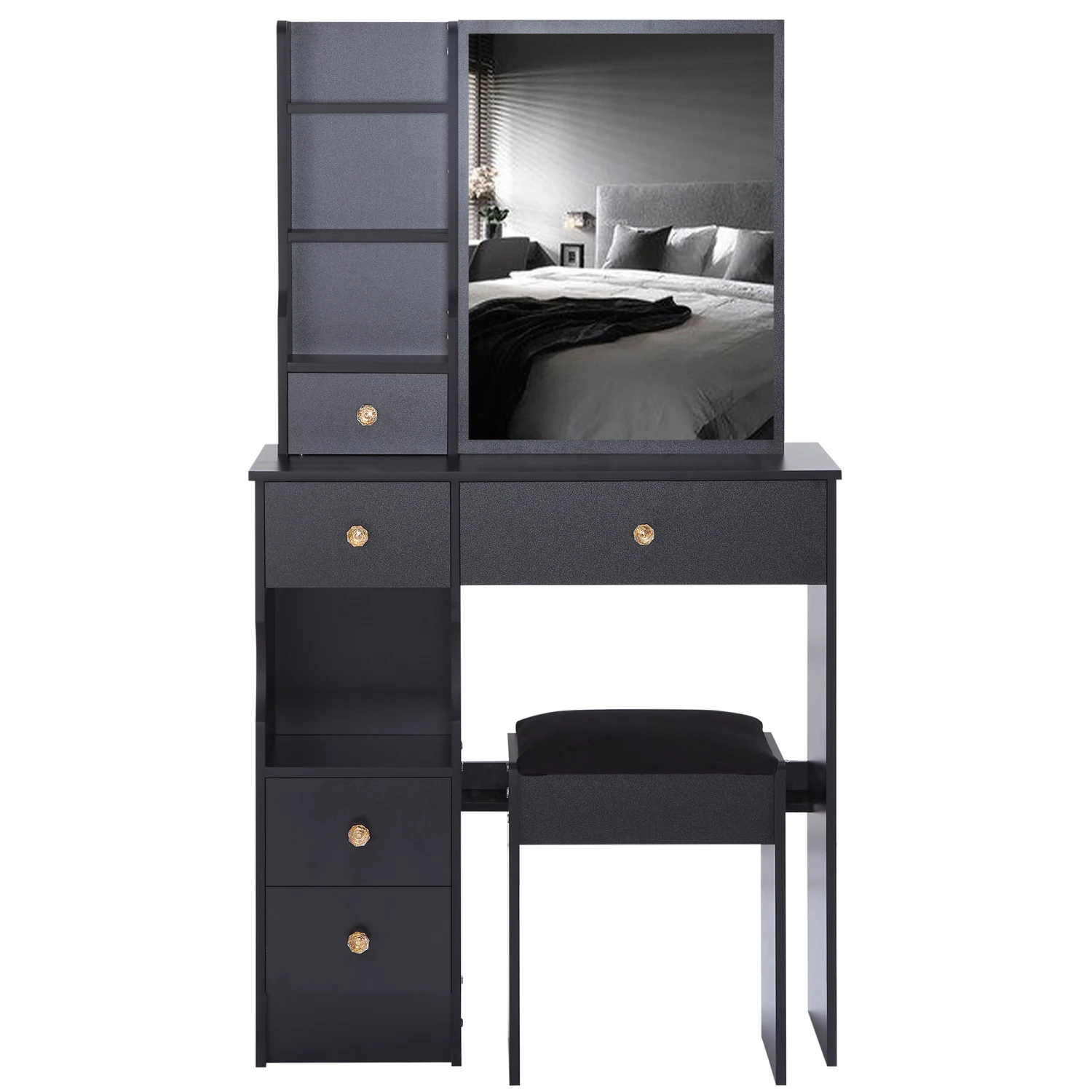 Small Size Left Drawer Desktop Vanity Table + Cushioned Stool, Extra Large Sliding Mirror, Multi Layer, High Capacity Storage Fa