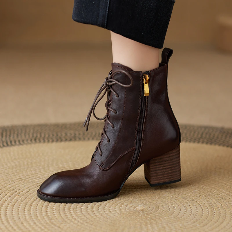 Woman Cowhide Ankle Boots Cross Tied Ankle Boots Side Zippers Retro Style ShoesThick Heeled Short Boots Spring Autumn Botas