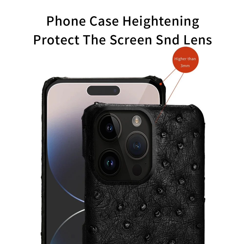 

100% Natural Ostrich Leather Phone Case for iPhone 16 11 12 13 14 15 Pro Max 14Pro 16 Plus 15Pro 13Pro 16Pro luxury Back Cover
