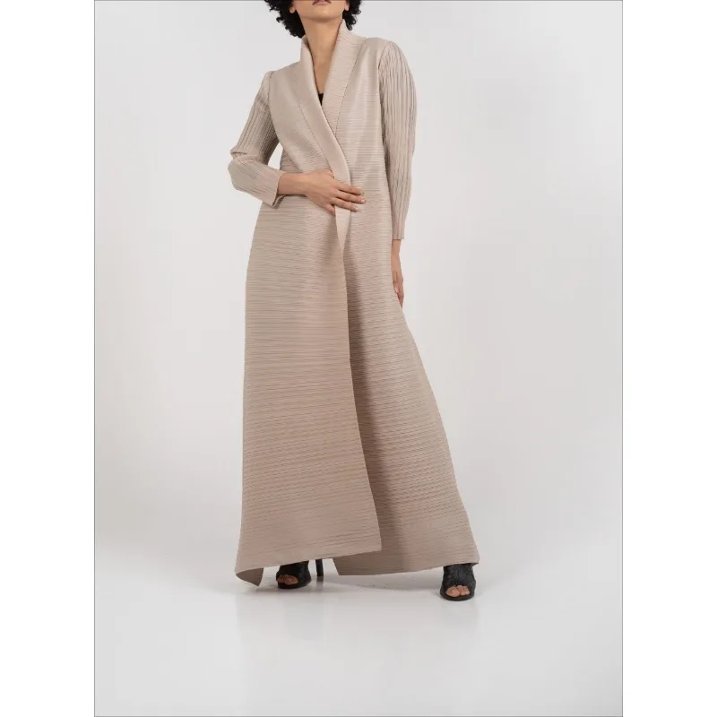 KAF Pleated Women Luxury Trench Coat Pure Color Vintage Cardigan Design Loose Large Size Arabian Female Abaya 2025 Spring New