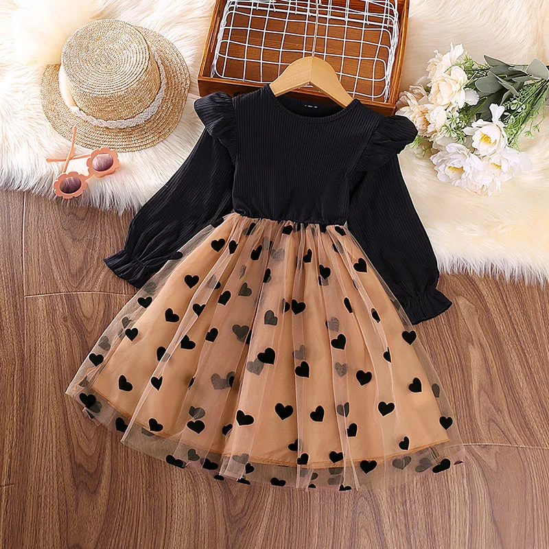 

Girls Soft Princess Dress Fall Children Clothing New Kids Comfy Casual Sundress Long-sleeved Female Baby Love Mesh Skirt Clothes