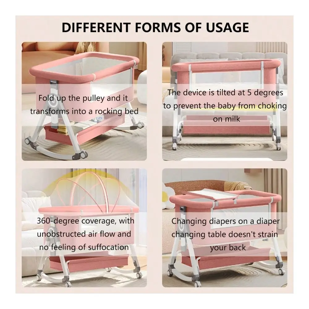 Baby Bassinet, Bedside Bassinet For Baby, 5 In 1 Bassinet Bedside Sleeper With Locked Wheels, Mosquito Net, Storage Basket Adju view 6