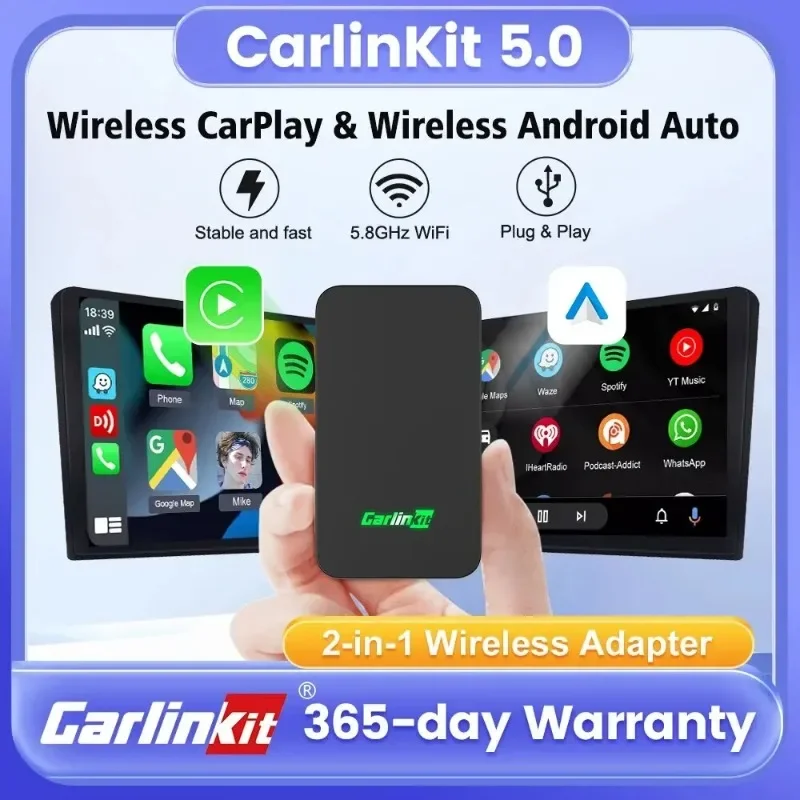 CarlinKit 5.0 Wireless CarPlay Android Auto Adapter 3 in 1 Wireless Car Adapter for Mazda Toyotal Peugeot Volvo Kia Spotify