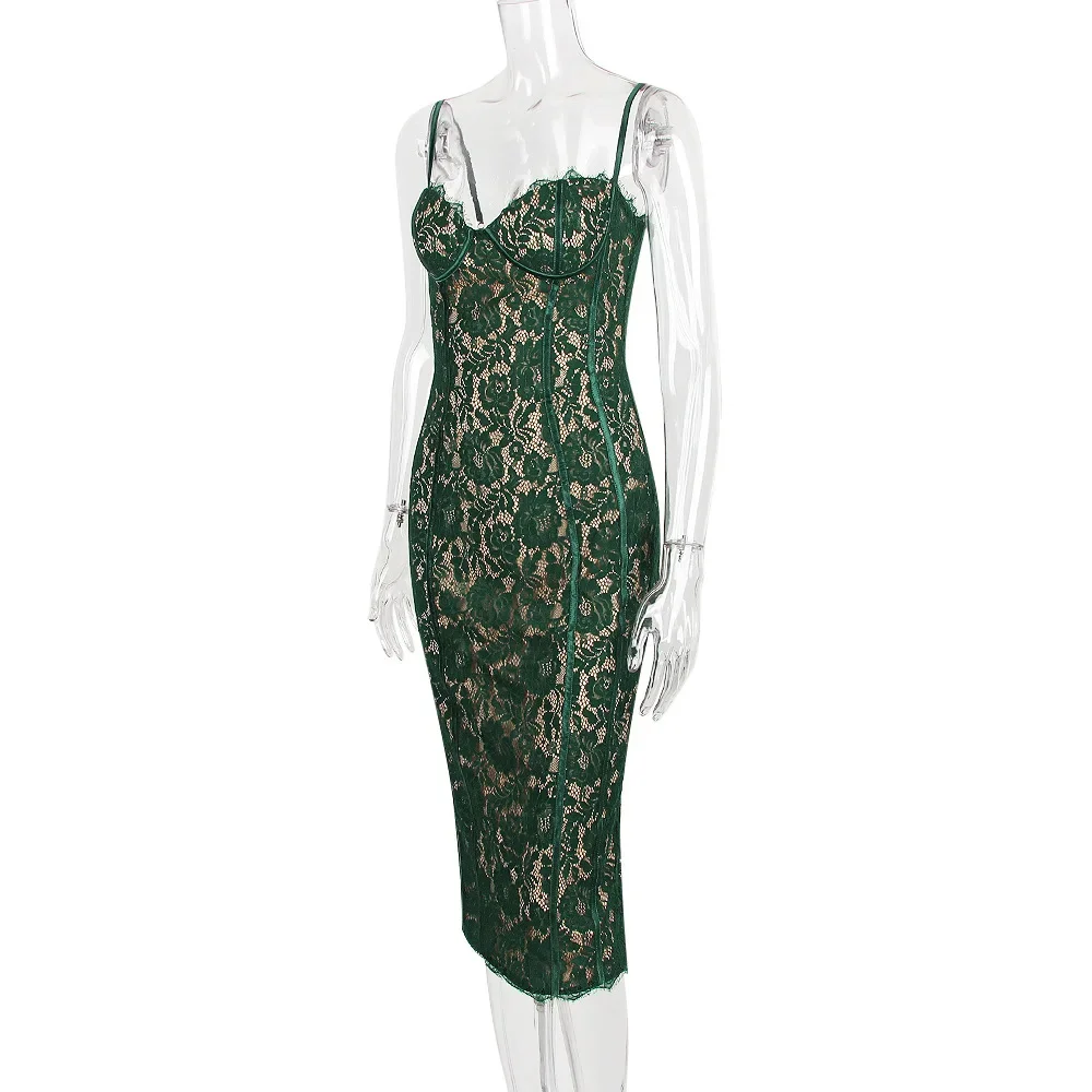 Sommer Langes Elegantes Kleid Für Formelle Anlässe Grün Spaghettiträger Sexy Spitzenkleid Vintage Geburtstagsparty Kleider 2025
