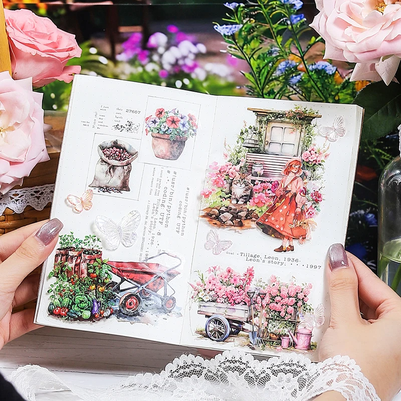 15pcs/pack PET Garden Flower House Stickers Collage Scrapbooking Decor Junk Journal Stationery DIY Flowers Sticker