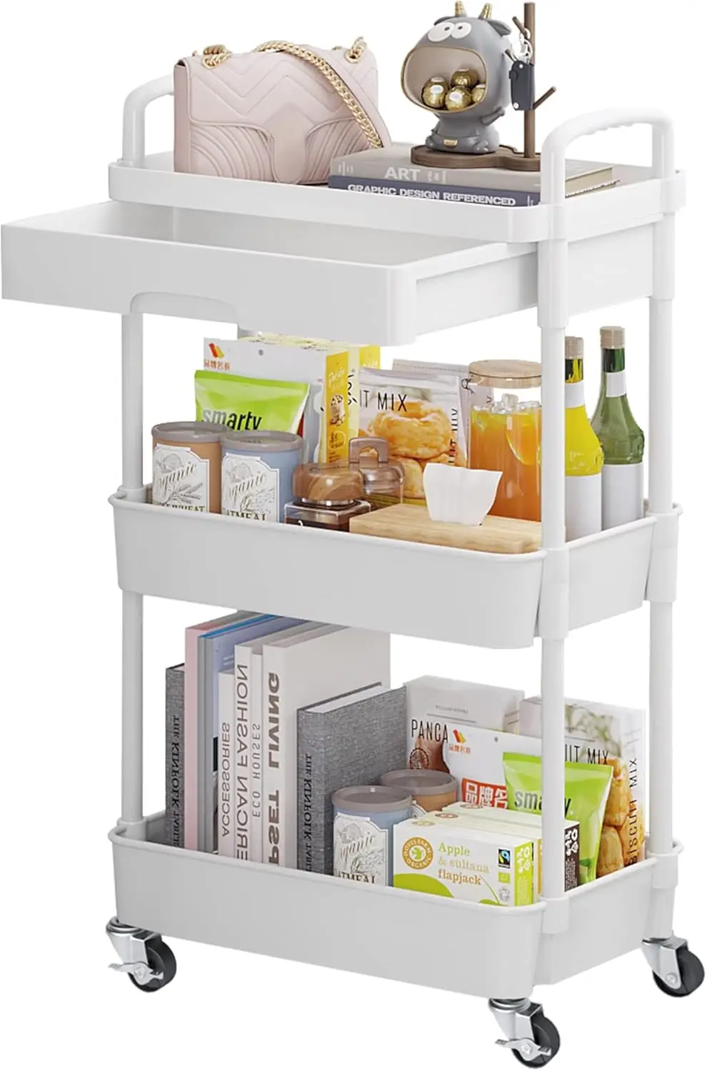 

3-Tier Rolling Utility Cart with Drawer,Multifunctional Storage Organizer with Plastic Shelf & Metal Wheels,Storage Cart