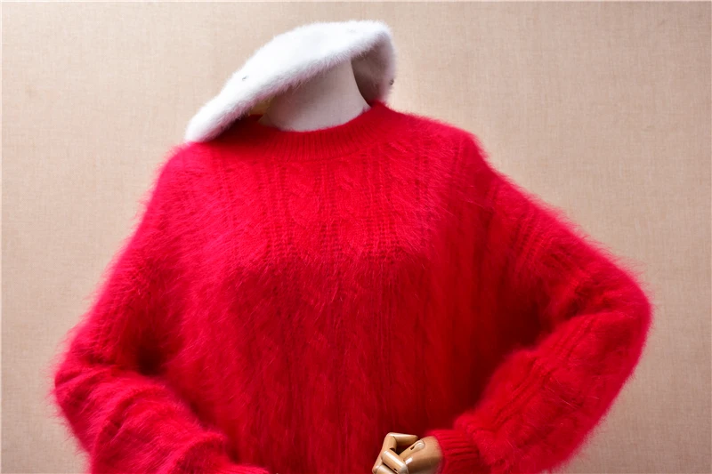 ملابس نسائية للخريف والشتاء موضة الجاكار الأحمر شعر الأنجورا أرنب الشعر محبوك س الرقبة طويلة الأكمام فضفاضة سترة البلوز #2