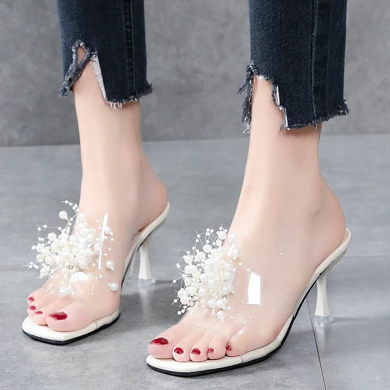 Shoes Female 2024 Modern Women's Slippers Fashion Dress Slippers Women String Bead Square Toe Thin Heels Plus Size Shoes Ladies