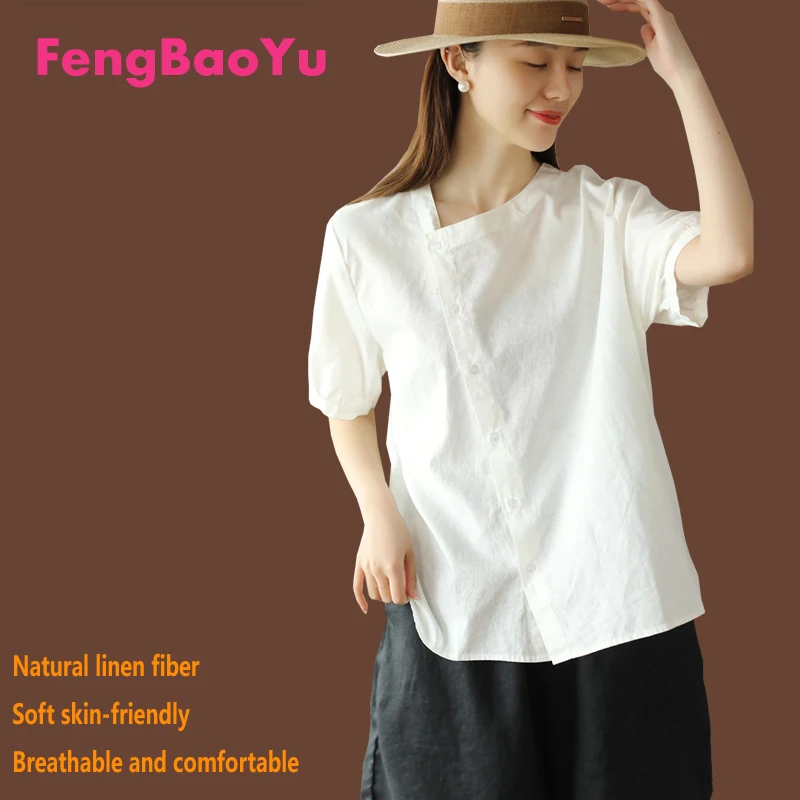 

100% Natural Pure Linen Women's Shirt, Retro Slant Collar Elegant Stylish Short-sleeved Top Comfortable Cool Outdoor Casual Wear