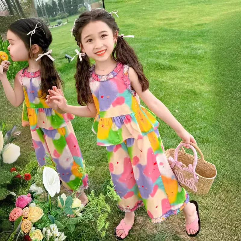 Girls' Suit Summer New Dopamine Casual Sleeveless Top + Wide-leg Nine-point Pants Cool Two-piece Set 2-7y