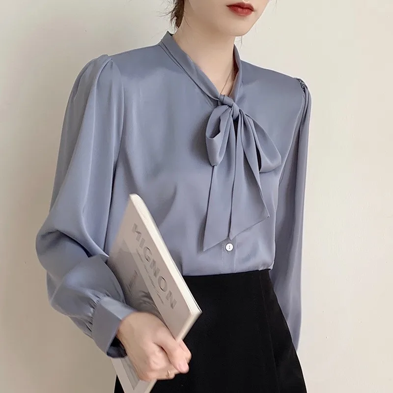 Women Clothing Solid Bow Chiffon Shirts Autumn Long Sleeve Loose Casual Fashion Blouses Office Lady Daily Commute Tops