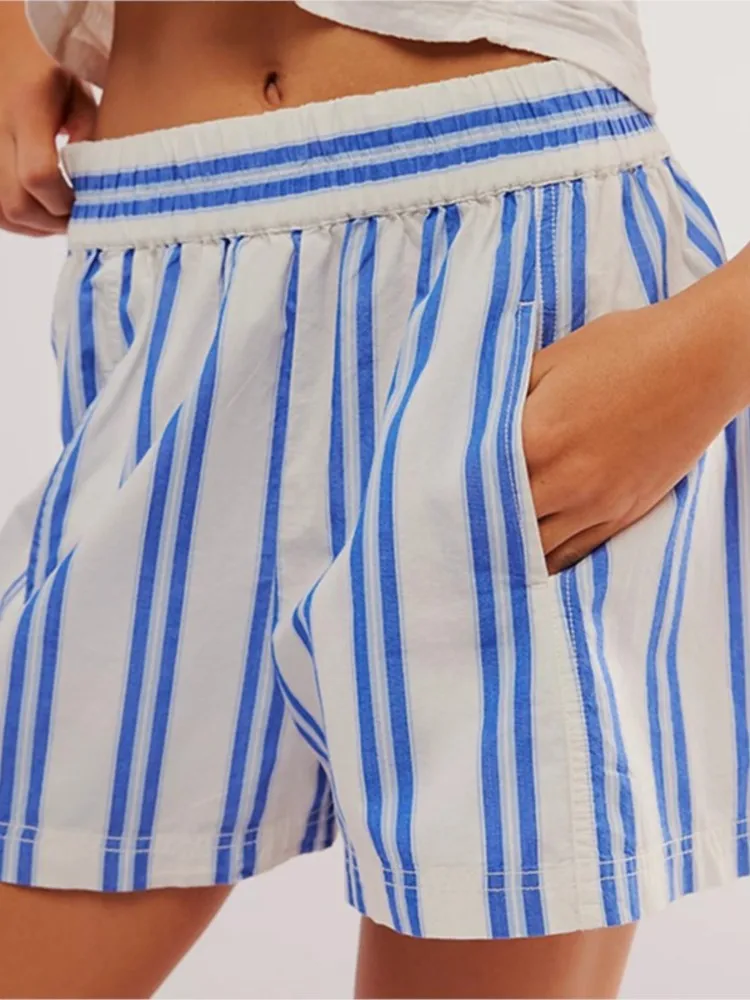 Summer Striped Beach Casual Shorts Women Elastic High Waist Loose Short Pants Pockets Lady Fashion Streetwear Shorts For Girls