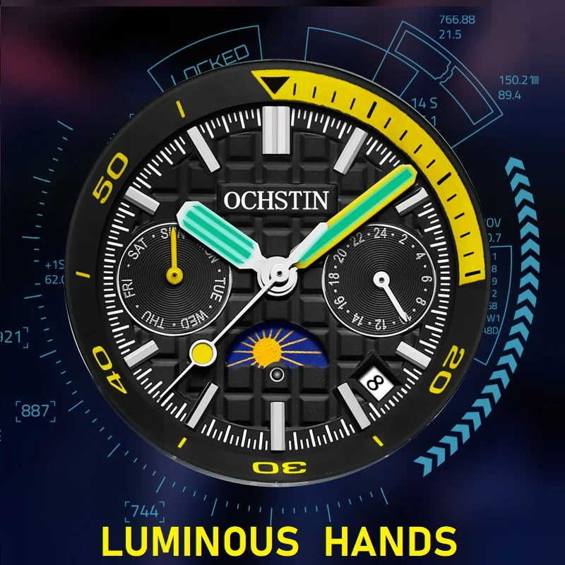 Ochstin Mens Sport Automatic Wristwatch 22 Jewels Mechanical Moon Phase Date Week Display Luminous Hand Rubber Relogio Masculino