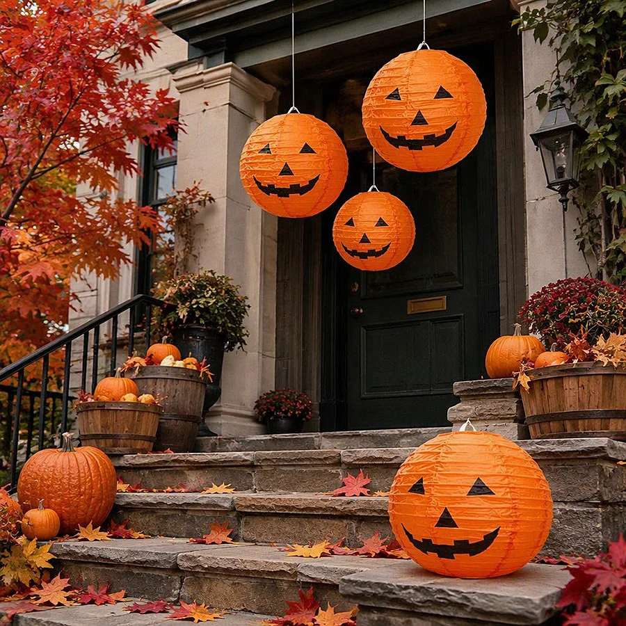 6 Stück Halloween-Party-Kürbis-Papierlaternen für Haus, Garten, Innen- und Außendekoration, hängende Ornamente, Horror-Requisiten ohne LED
