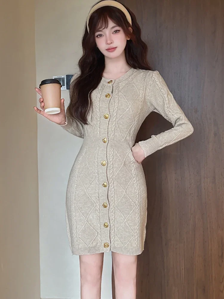 2024 Red Knitted Screw Thread Casual Short Dress Autumn Winter Long Sleeve Sweater Dress Women Korean Elegant Bodycon Prom Dress